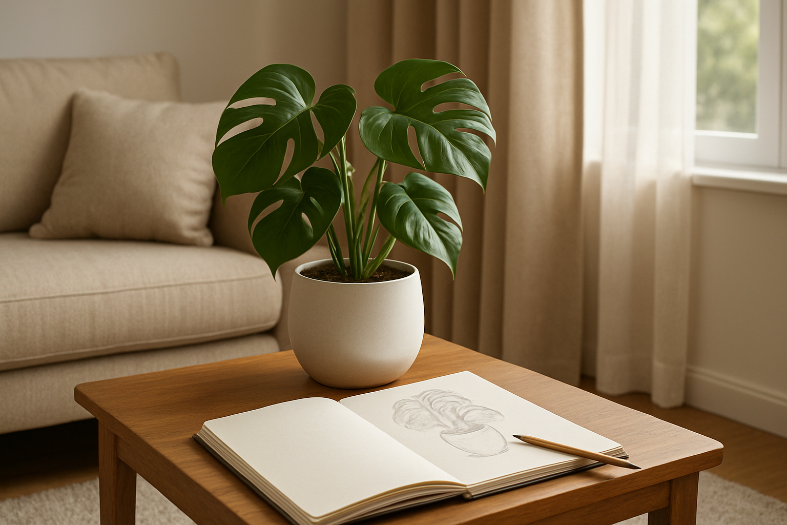 Pot de fleur en céramique blanche avec plante verte posé sur une table en bois, carnet de croquis ouvert avec un dessin de pot de fleur au crayon, lumière naturelle tamisée, décoration intérieure cosy.