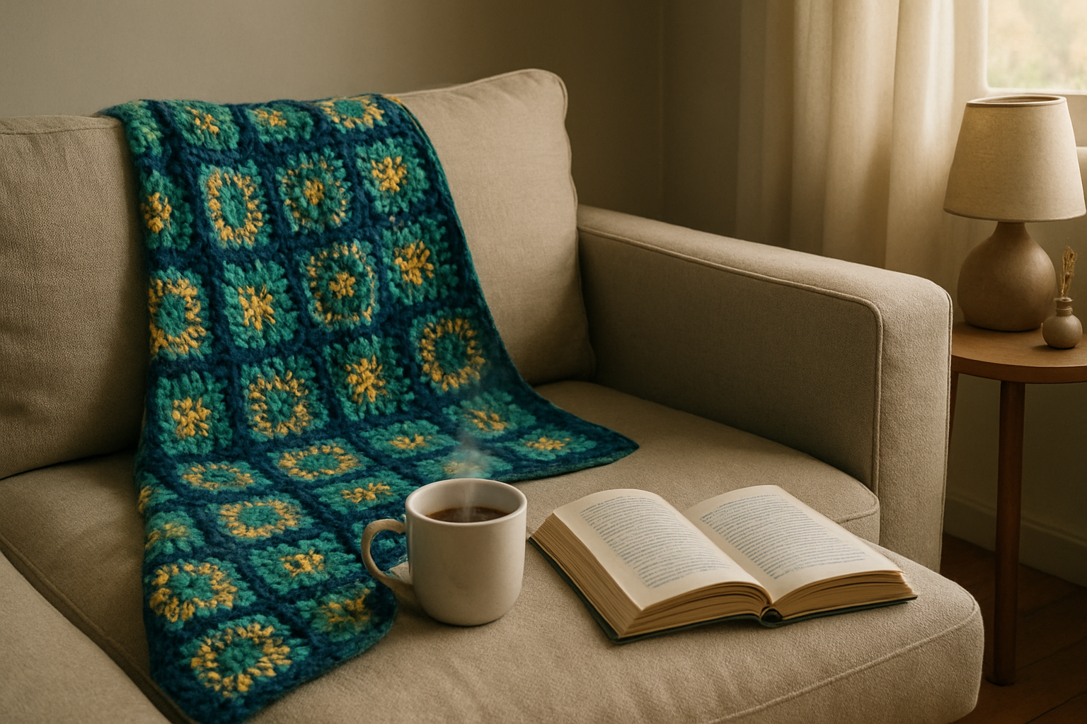 Plaid crochet granny square coloré posé sur un canapé beige, avec une tasse de thé et un livre, ambiance cosy intérieure
