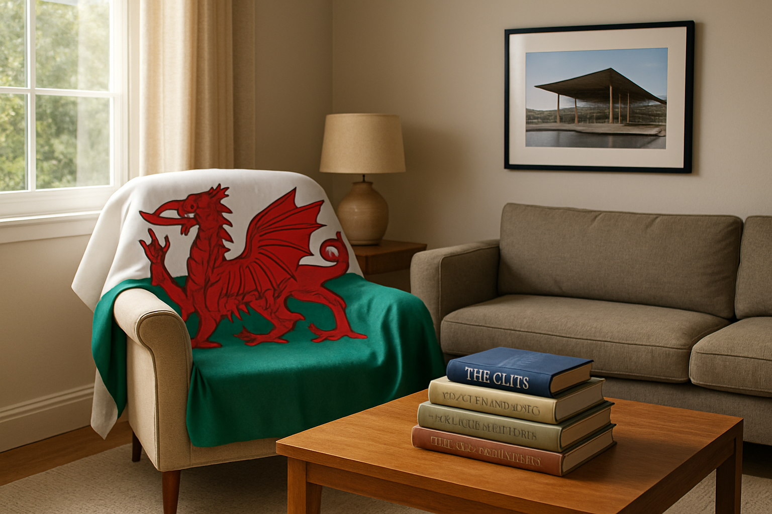 Salon cosy avec drapeau gallois sur un fauteuil, livres sur l'histoire galloise et photo du Senedd encadrée au mur, baigné de lumière naturelle