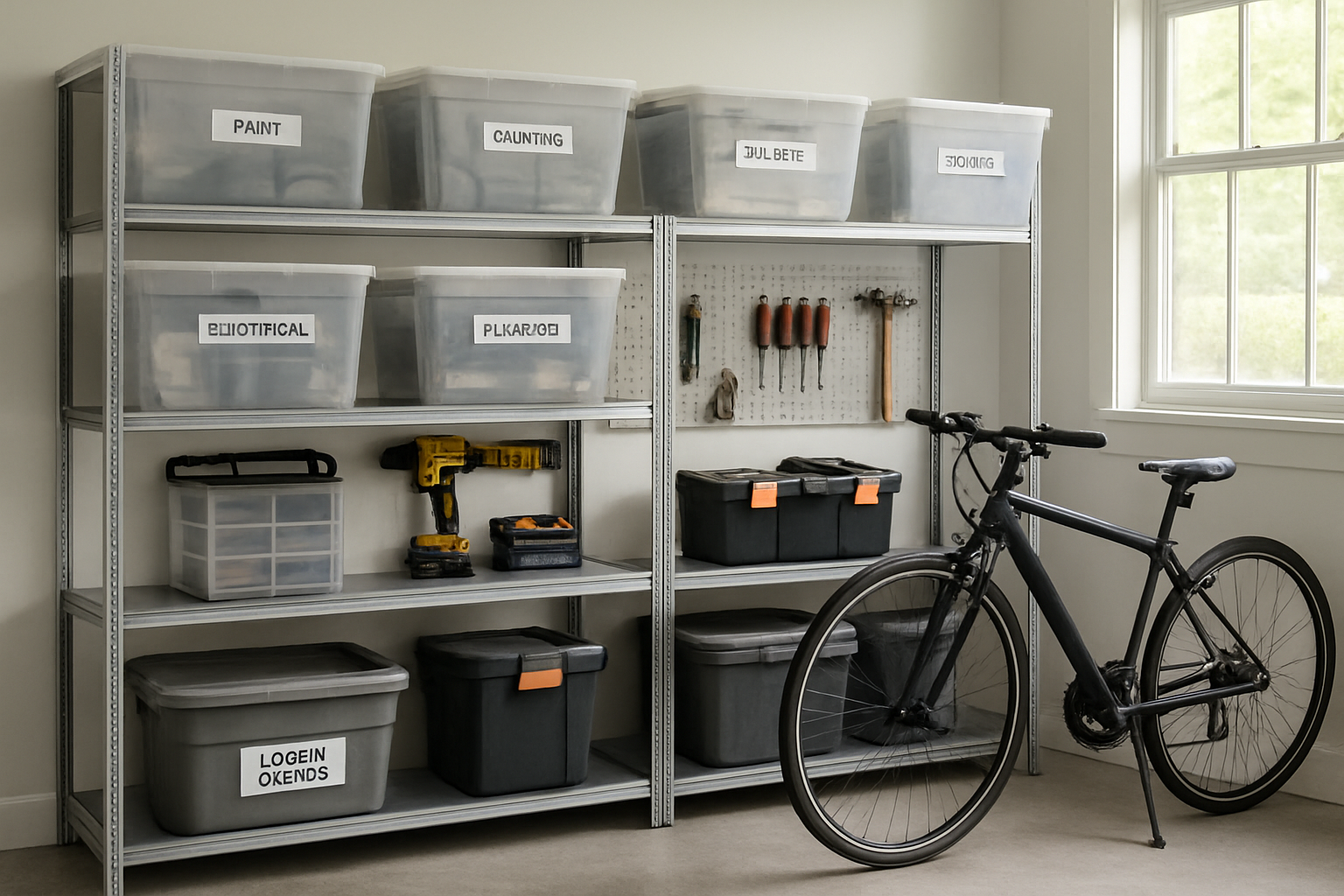 Étagères métalliques de garage bien rangées avec bacs en plastique et outils, lumière naturelle, organisation garage optimale.