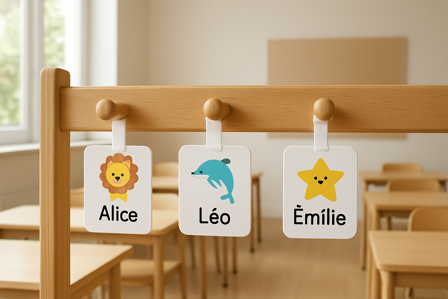 Porte-manteau en bois avec trois étiquettes porte-manteau CE1 personnalisées prénoms et dessins animaux, dans une salle de classe lumineuse