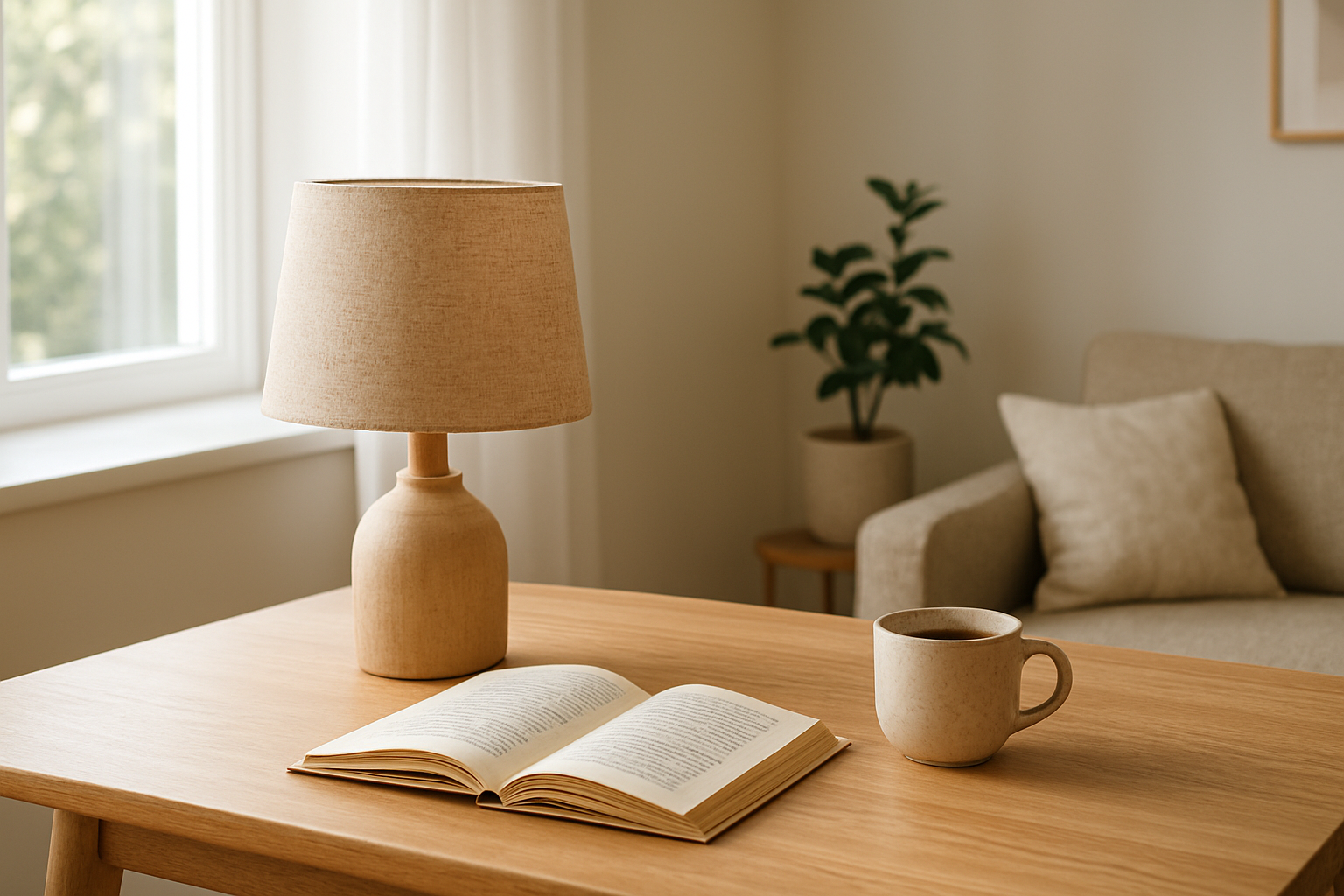 Lampe de table avec abat-jour en tissu beige fait main dans un intérieur lumineux, livre et tasse de café sur la table