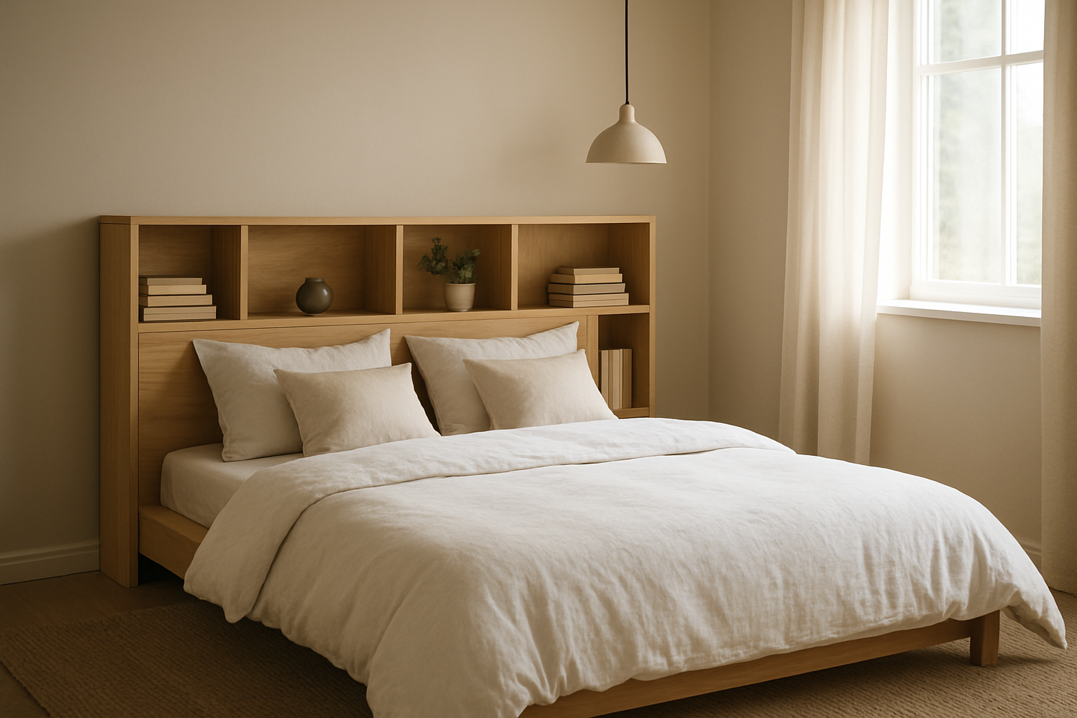 Tête de lit en bois clair avec rangements intégrés, niches et étagères contenant des livres et une plante, dans une chambre scandinave lumineuse au linge de lit blanc