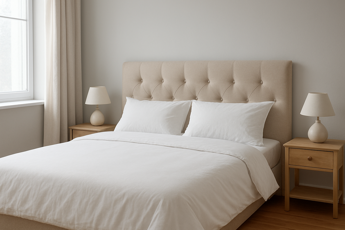 Tête de lit capitonnée beige dans une chambre lumineuse avec lit en lin blanc et lampes de chevet, style moderne et cosy