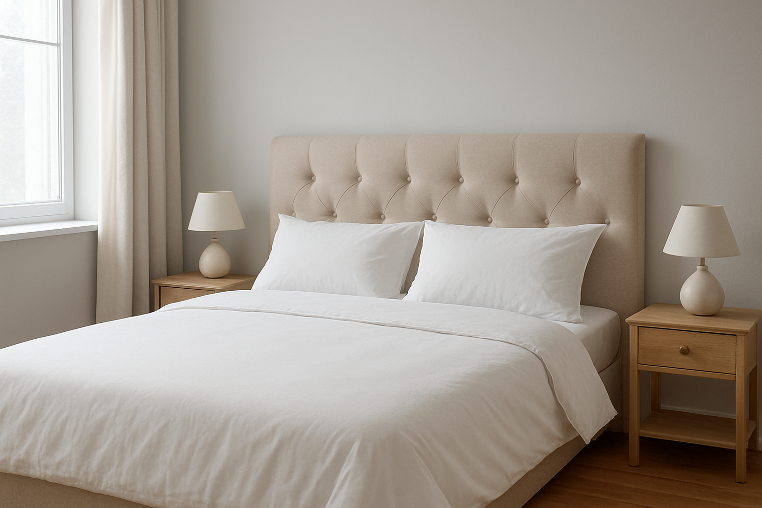 Tête de lit capitonnée beige dans une chambre lumineuse avec lit en lin blanc et lampes de chevet, style moderne et cosy