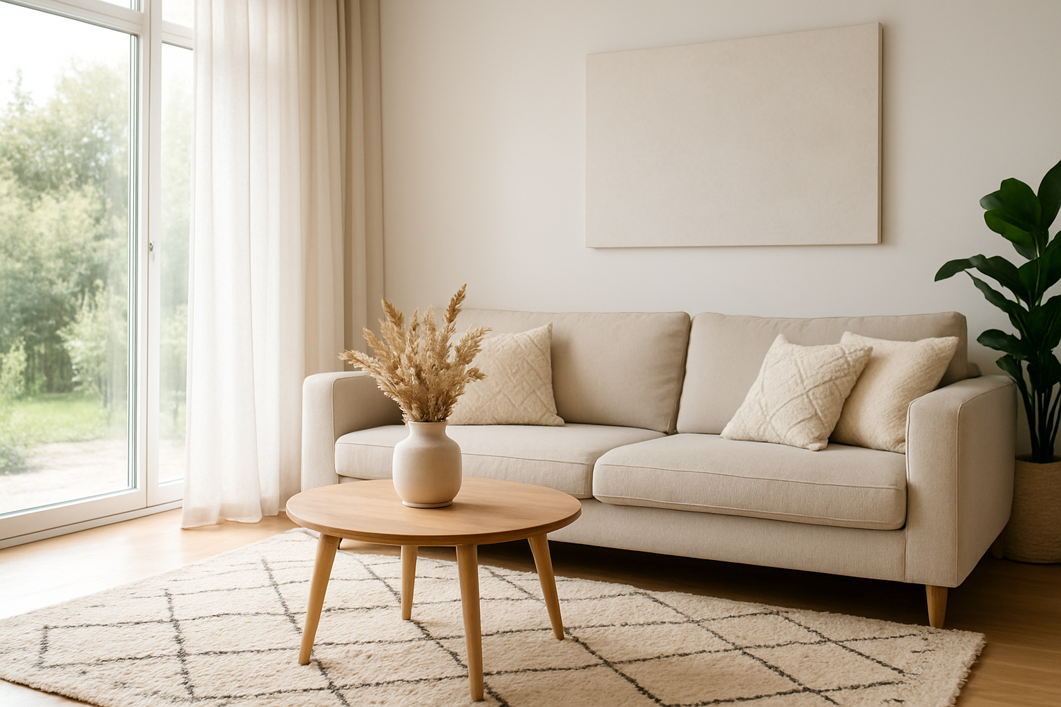 Salon moderne avec rideaux blancs, canapé beige, table basse en bois et tapis berbère, baigné de lumière naturelle, illustrant une décoration intérieure soignée.