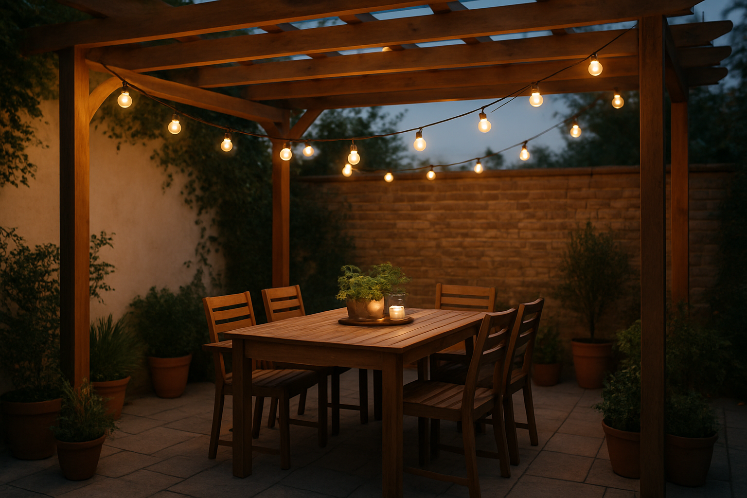 Guirlande lumineuse extérieur solaire à boules blanches suspendue à une pergola en bois, créant une ambiance chaleureuse sur une terrasse avec plantes vertes
