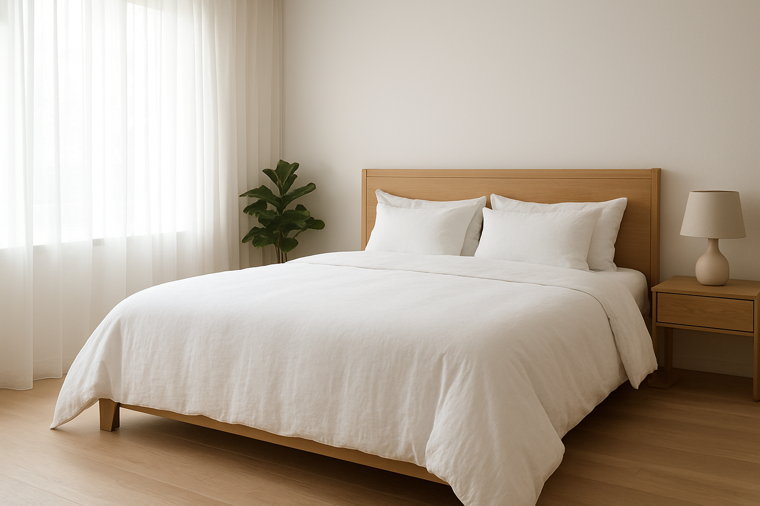 Lit king size avec housse de couette 260x240 blanche en coton, lumière naturelle, décoration minimaliste