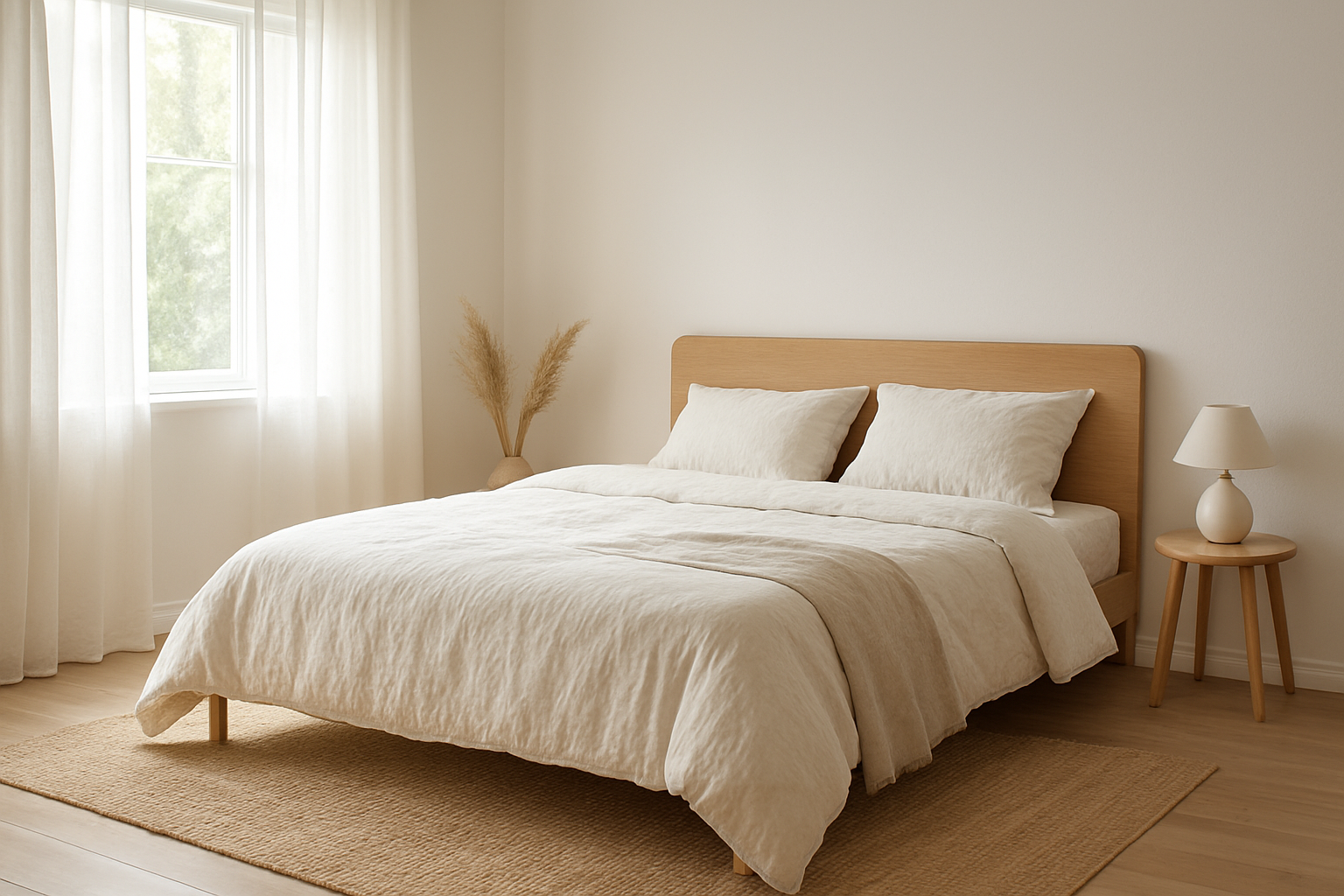 Lit double 160x200 avec housse de couette en coton blanc cassé, taies d'oreiller assorties et plaid en lin beige, dans une chambre scandinave lumineuse
