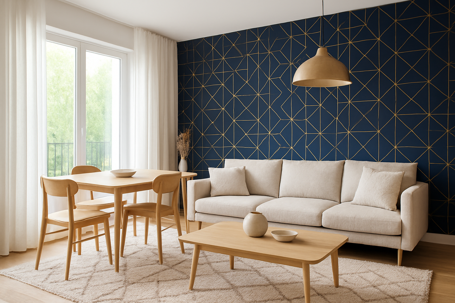 Salon-salle à manger avec mur d'accent en papier peint géométrique bleu et or, canapé beige, table en bois, rideaux en lin blanc, tapis berbère et suspension en laiton sous lumière naturelle.