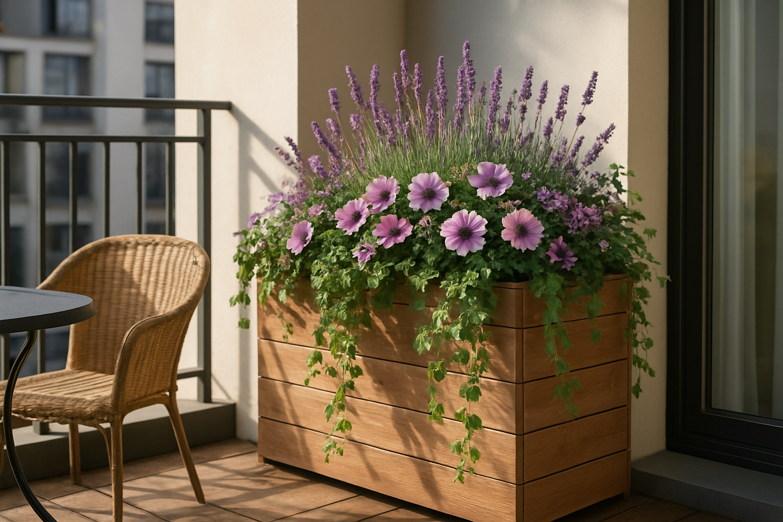 Jardinière extérieure en bois avec lavande, pétunias violets et lierre retombant sur un balcon ensoleillé, ambiance déco naturelle