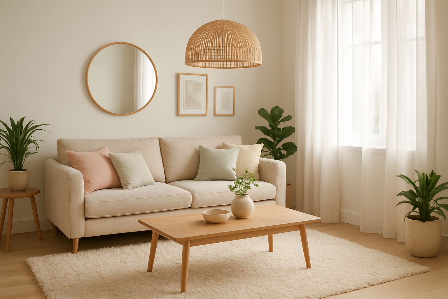 Salon scandinave lumineux avec canapé beige, coussins pastel, tapis blanc, rideaux en lin, suspension rotin et plantes vertes, ambiance cosy et épurée