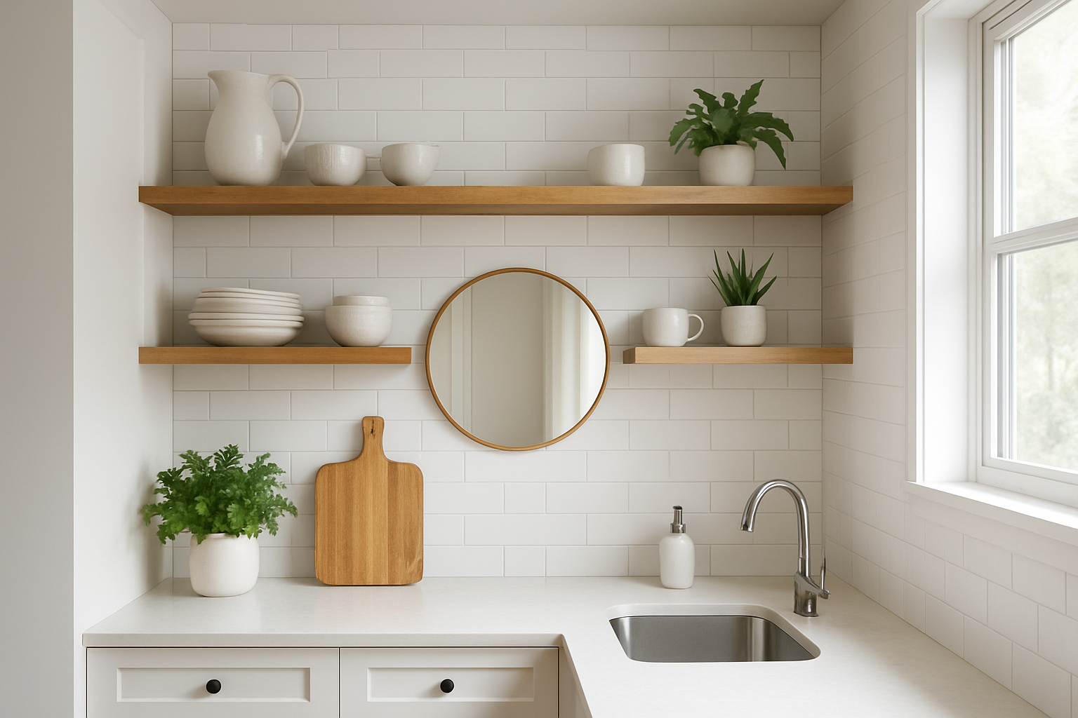 Cuisine moderne avec crédence en carrelage métro blanc, étagères en bois et vaisselle exposée, décoration murale lumineuse et naturelle