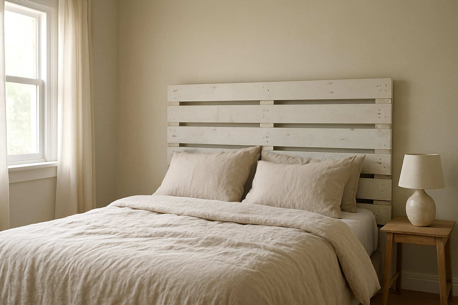 Tête de lit en bois palette blanc dans une chambre cosy avec linge de lit lin, lumière naturelle et décoration minimaliste
