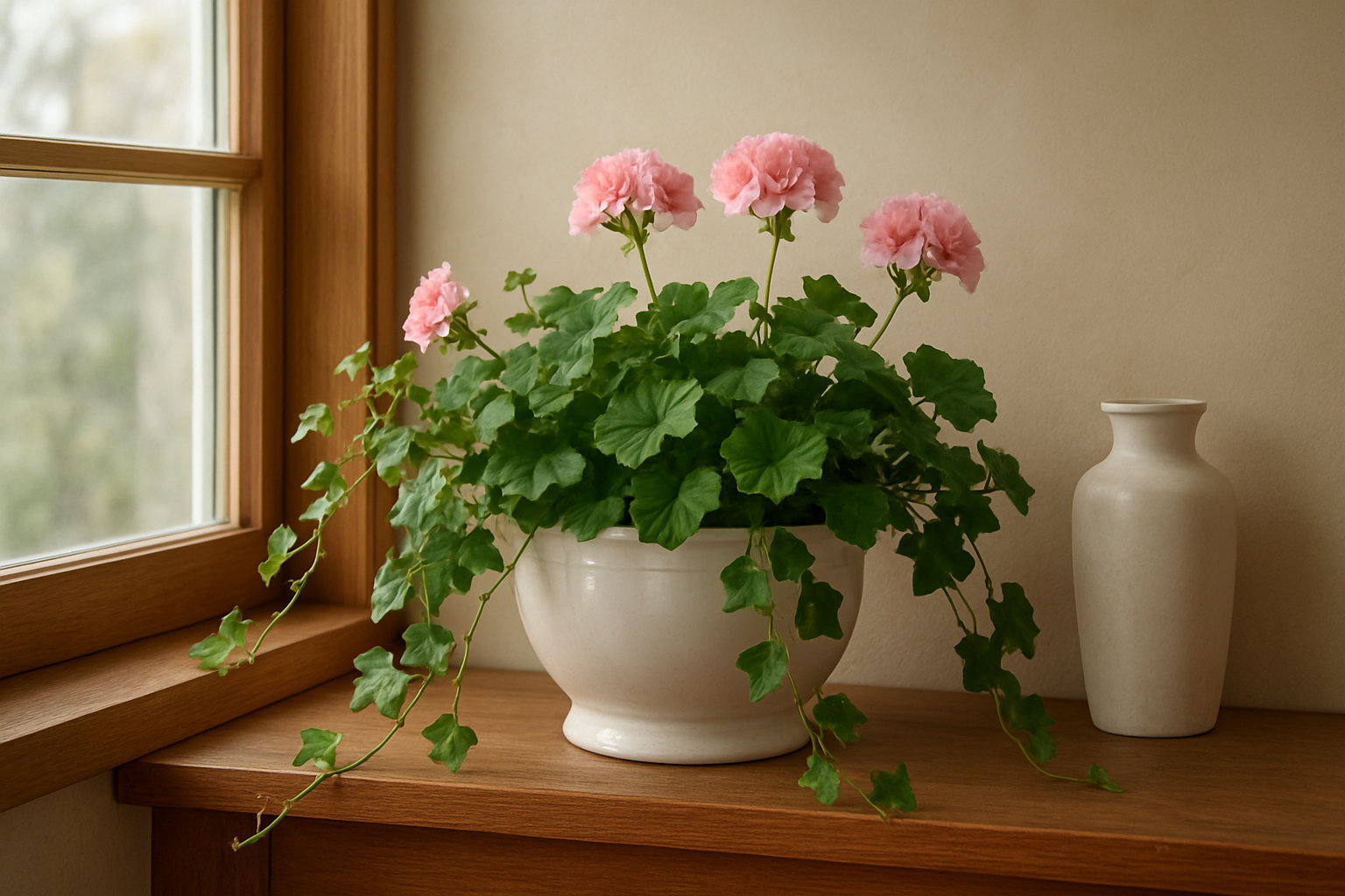 Jardinière de fenêtre en céramique blanche sur un rebord en bois, garnie de lierre et de géraniums roses, baignée de lumière naturelle dans un intérieur minimaliste