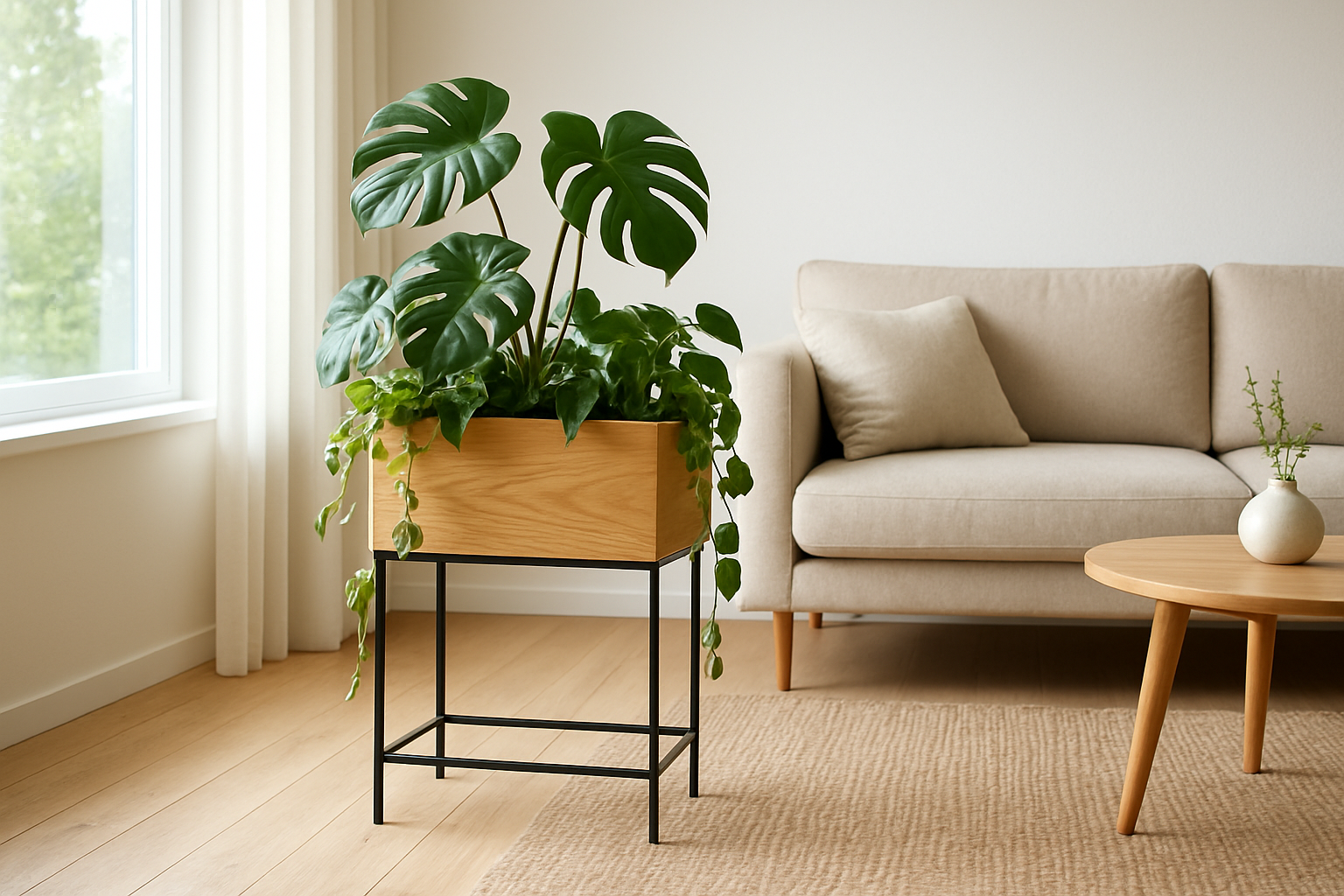 Jardinière intérieure en bois avec monstera et pothos dans un salon lumineux au style scandinave