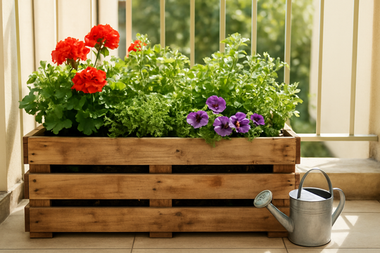 Jardinière pas chère en bois de palette sur balcon avec géraniums et pétunias, arrosoir à côté, lumière naturelle