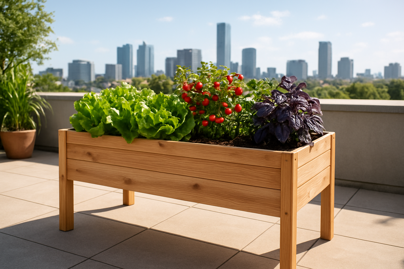 Jardinière surélevée en bois sur une terrasse ensoleillée, remplie de laitues, tomates cerises et basilic, avec un décor urbain moderne en arrière-plan
