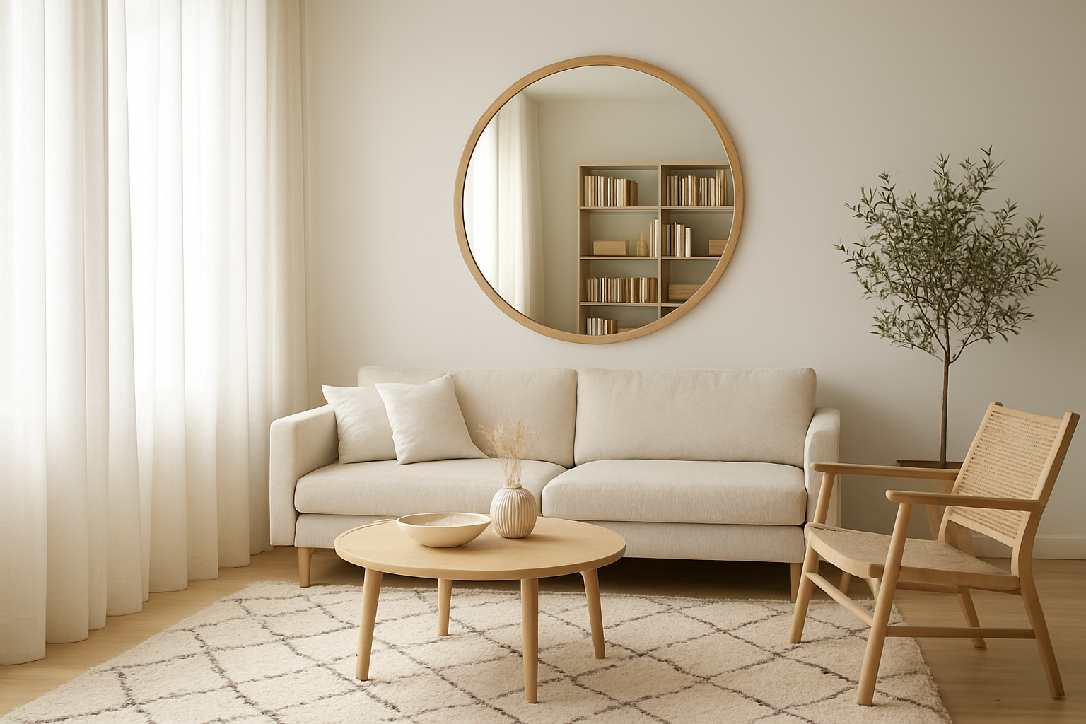 Salon lumineux avec rideaux blancs et grand miroir mural reflétant une bibliothèque et un tapis, illustrant l'effet miroir en décoration intérieure.