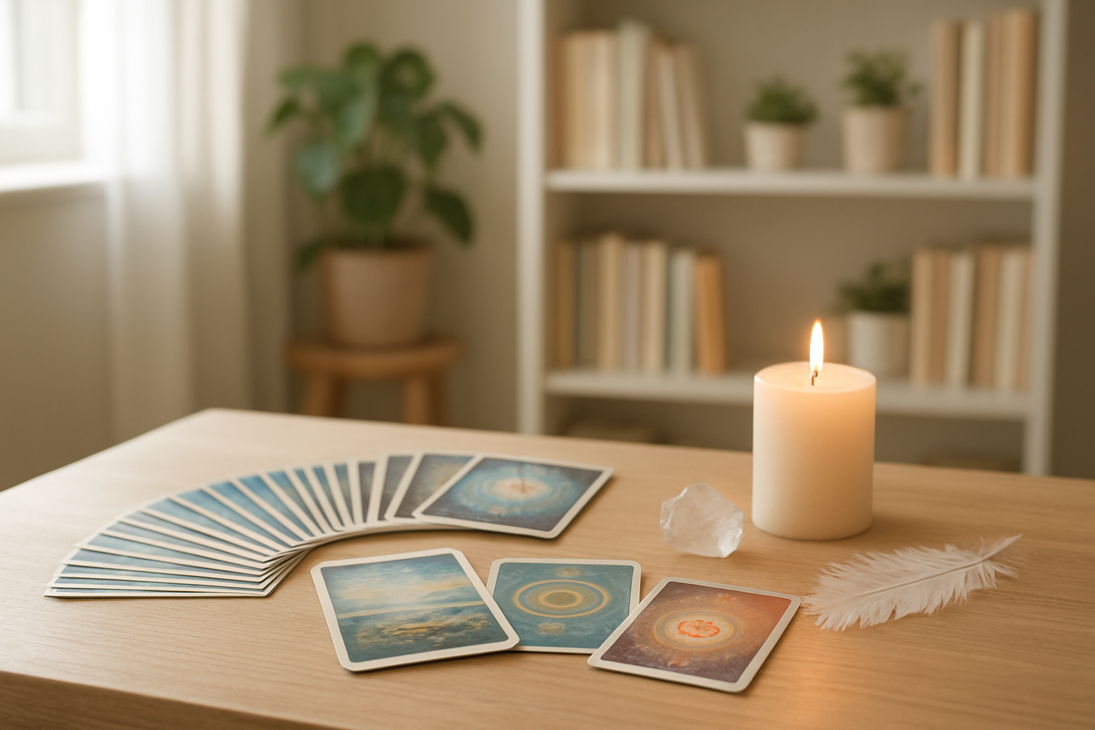 Jeu de cartes Oracle des Miroirs déployé sur une table en bois avec bougie et cristal, dans un intérieur lumineux et apaisant.