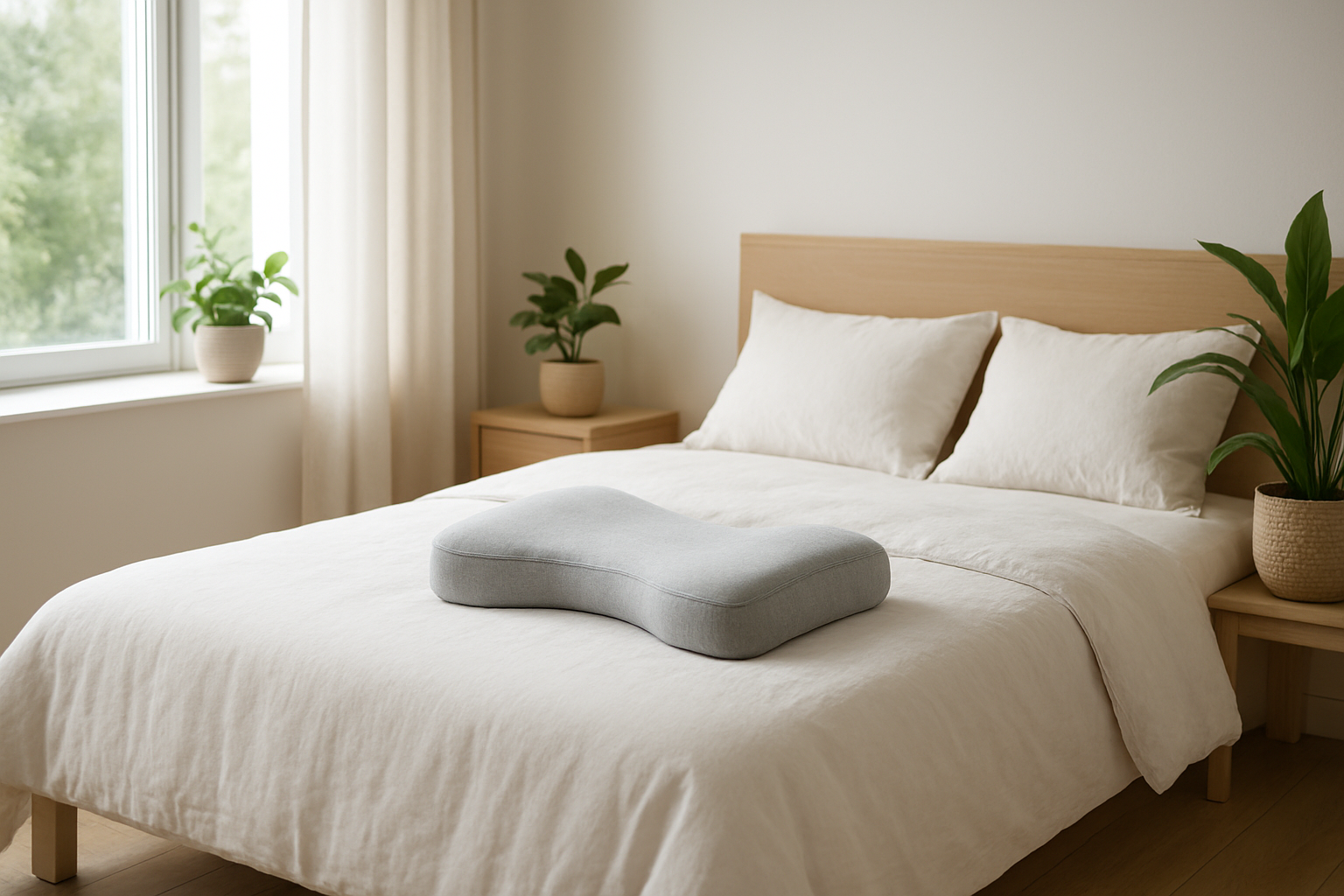 Oreiller mémoire de forme ergonomique gris sur un lit blanc dans une chambre lumineuse, avec housse en coton et plantes vertes
