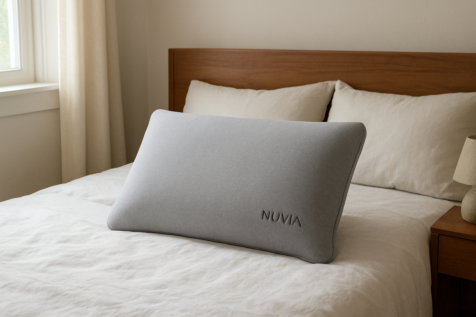 Oreiller Nuvia Papillon 3 en mousse à mémoire de forme posé sur un lit en lin blanc dans une chambre lumineuse au style épuré