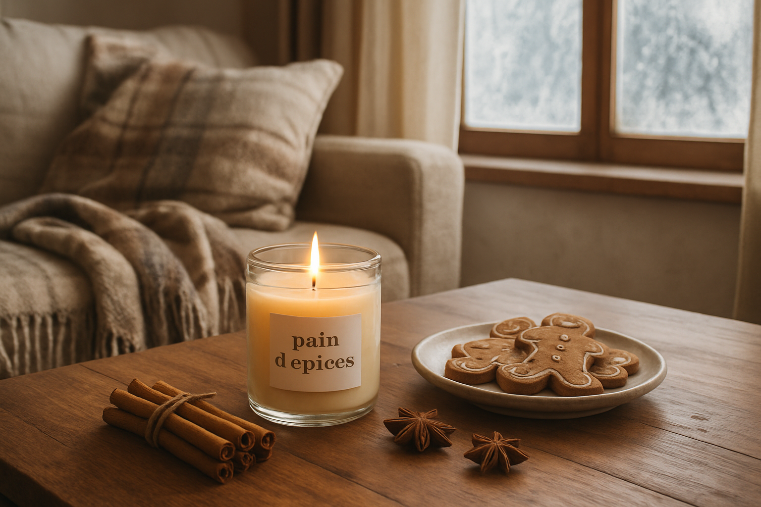 Bougie pain d'épices allumée sur une table basse en bois, entourée d'épices et de biscuits, dans un salon d'hiver chaleureux.