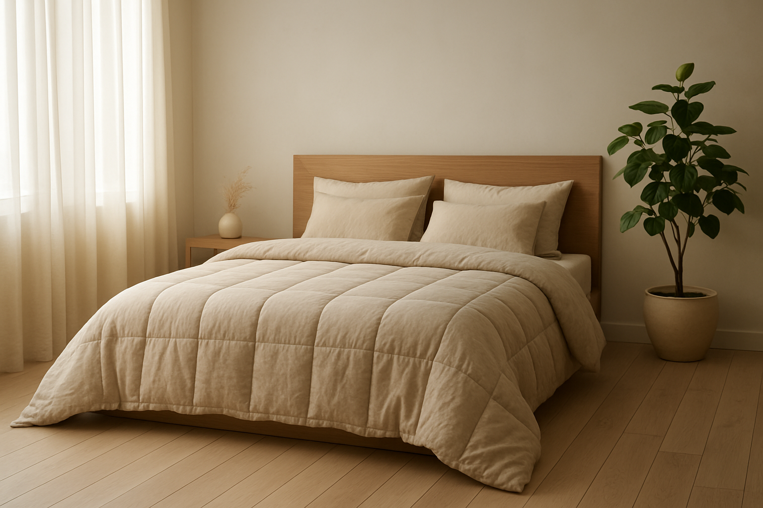 Lit avec couette lourde beige dans une chambre lumineuse, rideaux légers, décoration minimaliste et plante verte