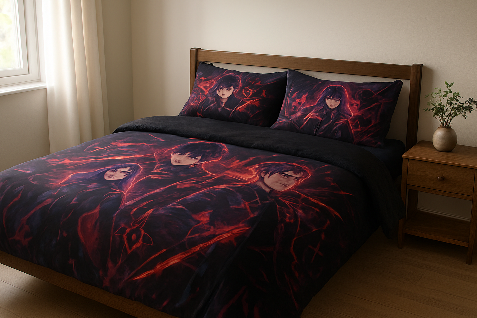 Lit double avec housse de couette Kpop Demon Hunters aux motifs sombres et colorés, taies assorties, lumière naturelle, décoration minimaliste