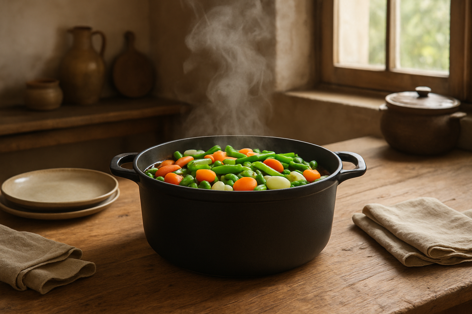 Jardinière de légumes mijotant dans une cocotte en fonte sur une table en bois, avec des légumes colorés et de la vapeur, éclairage naturel tamisé