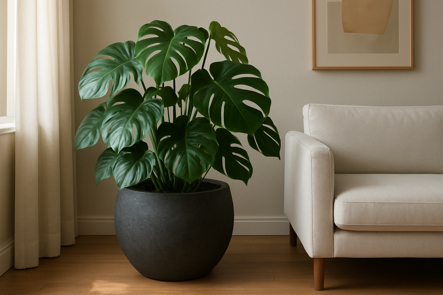 Jardinière Volcania ronde en pierre volcanique avec un monstera dans un salon moderne, posée au sol près d'un canapé blanc et d'une fenêtre lumineuse.
