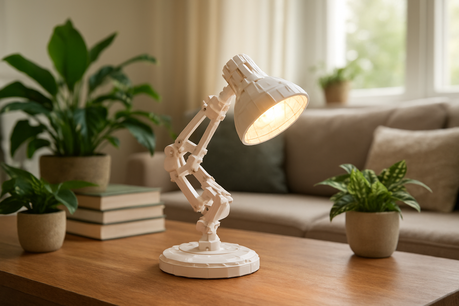 Lampe Pixar LEGO Luxo Jr. allumée sur une table en bois, avec un abat-jour lumineux, des plantes et des livres en arrière-plan, dans un salon décoré.