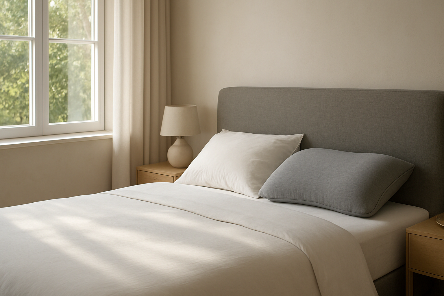 Oreillers ergonomiques et plume sur un lit dans une chambre lumineuse et apaisante, style magazine déco.