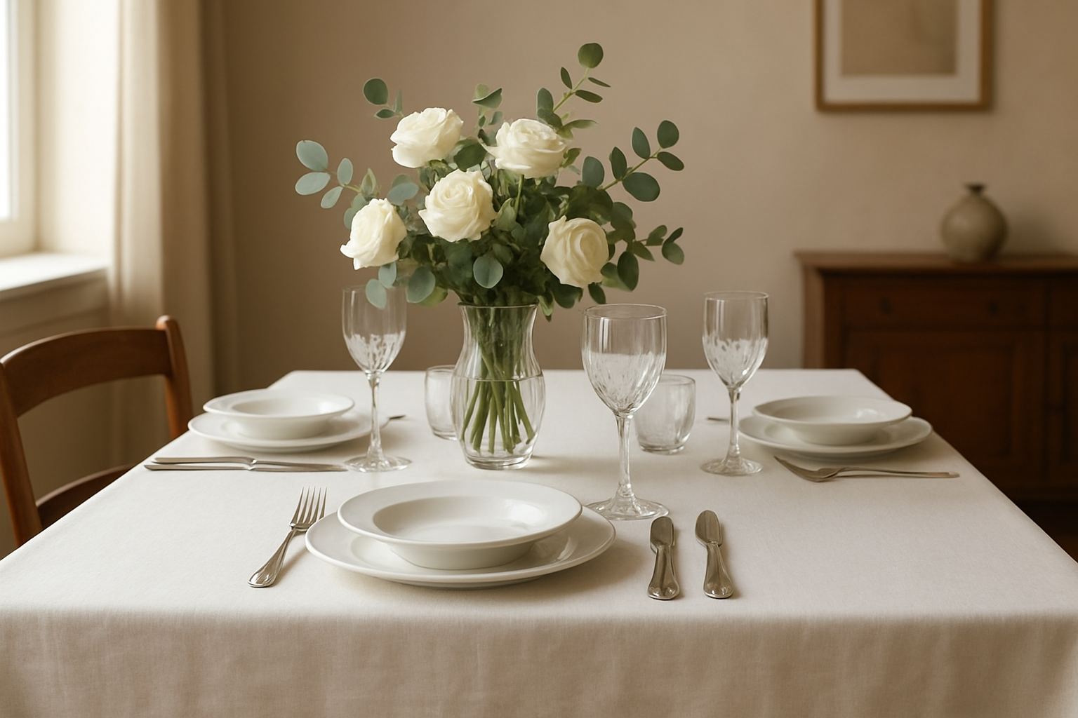 Table dressée avec une nappe beauvillé blanche, vaisselle en porcelaine, verres en cristal et fleurs fraîches, dans une salle à manger lumineuse au style élégant