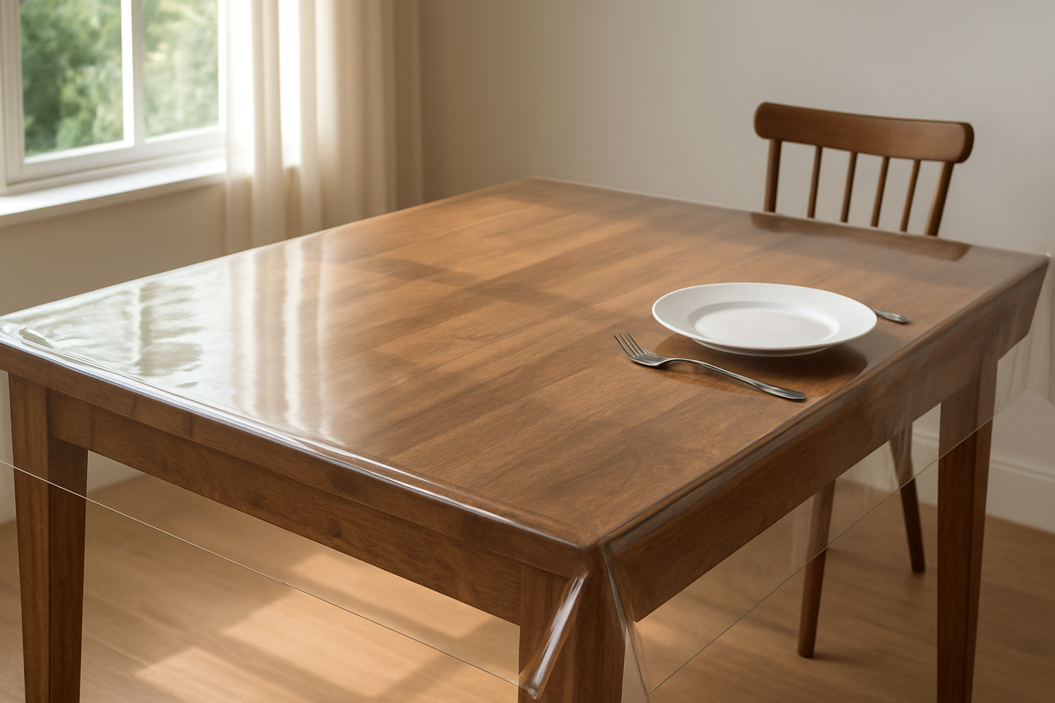 Table en bois avec nappe transparente épaisse effet plateau de verre, protégeant la surface tout en laissant voir le bois, dans une salle à manger lumineuse
