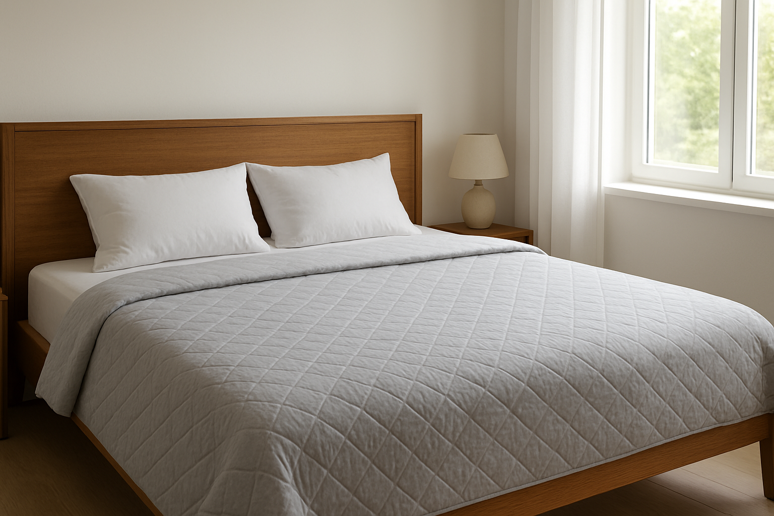 Lit queen-size avec une pie qui couette gris clair à motif losanges, deux oreillers blancs, tête de lit en bois, lumière naturelle par la fenêtre, décoration minimaliste.
