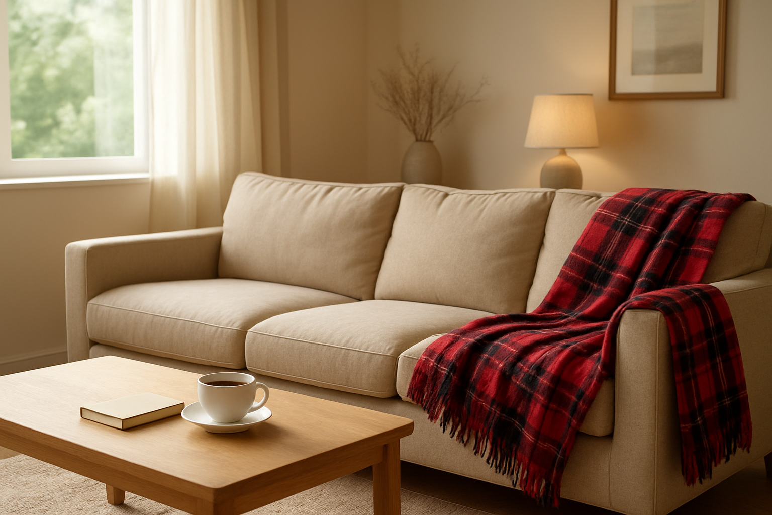 Tartan plaid rouge et noir drapé sur un canapé beige dans un salon lumineux avec une tasse de thé et un livre sur la table basse.