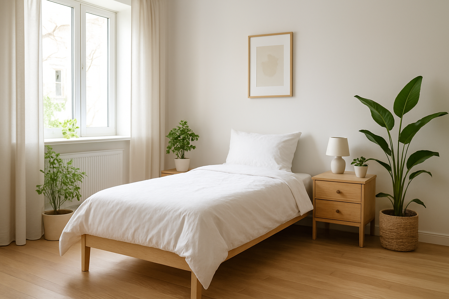 Lit simple 90x190 avec couette blanche bien ajustée, oreiller assorti, chambre lumineuse style scandinave, décoration minimaliste.