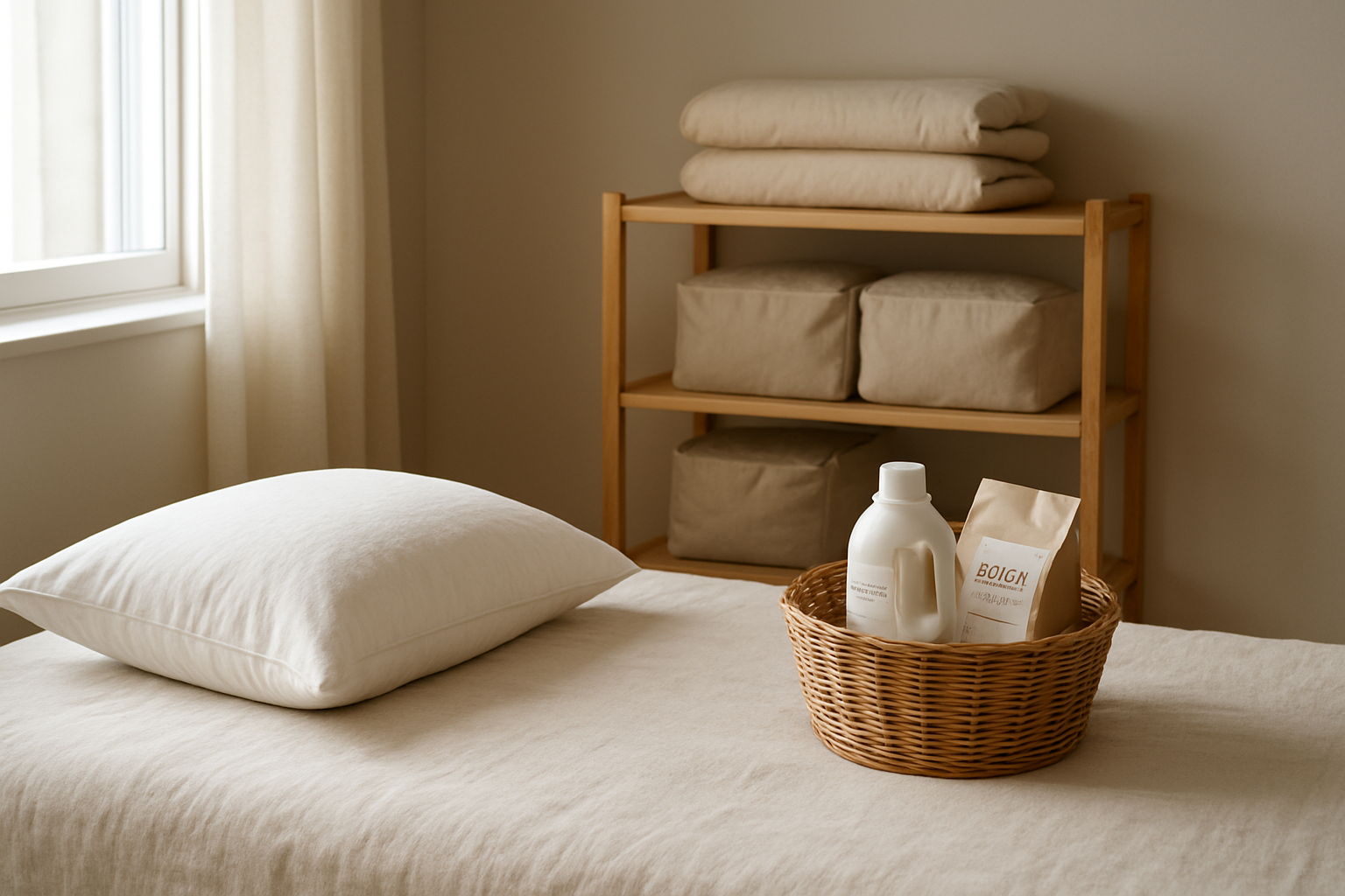 Oreiller blanc moelleux sur un lit fait dans une chambre lumineuse, avec un panier de produits d'entretien pour laver oreiller à côté.
