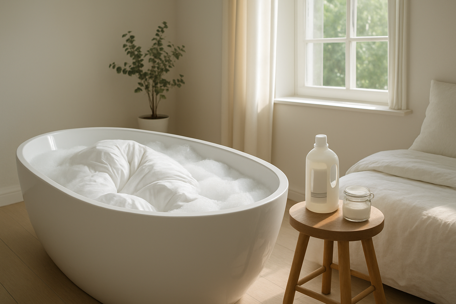 Couette blanche en duvet trempant dans une baignoire remplie d'eau et de mousse, avec lessive et bicarbonate à côté, dans une chambre lumineuse.