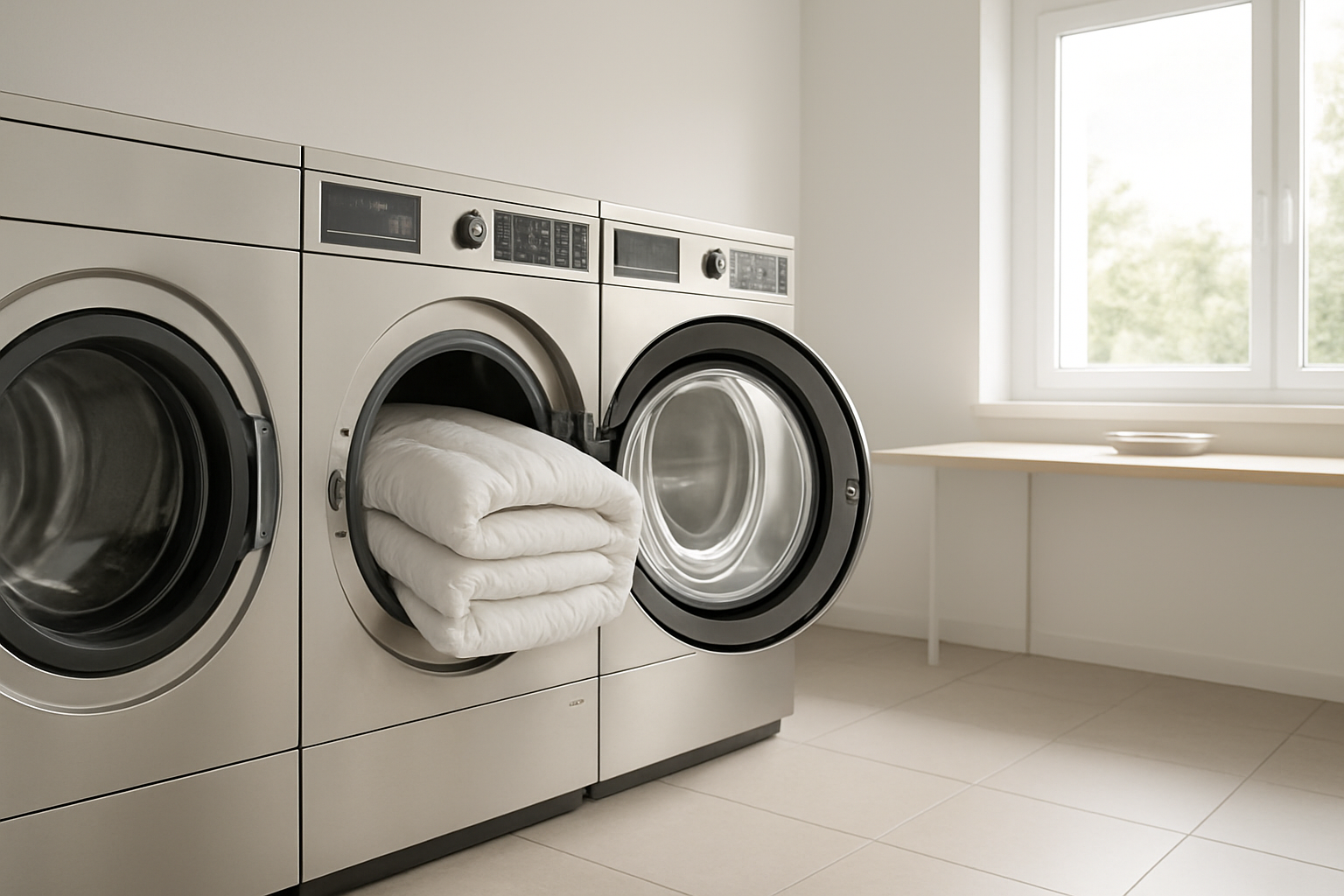 Machine à laver industrielle ouverte avec une couette blanche pliée à l'intérieur, dans une laverie automatique lumineuse et moderne.