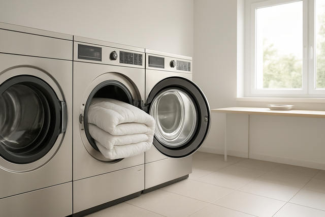 Machine à laver industrielle ouverte avec une couette blanche pliée à l'intérieur, dans une laverie automatique lumineuse et moderne.