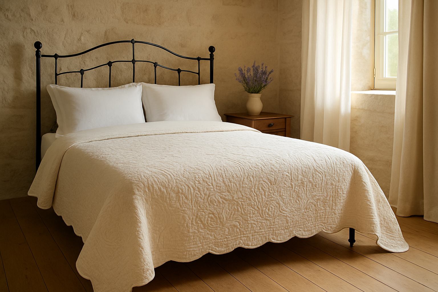 Lit en fer forgé avec un dessus-de-lit en boutis provençal blanc crème aux motifs floraux en relief, dans une chambre provençale lumineuse avec bouquet de lavande