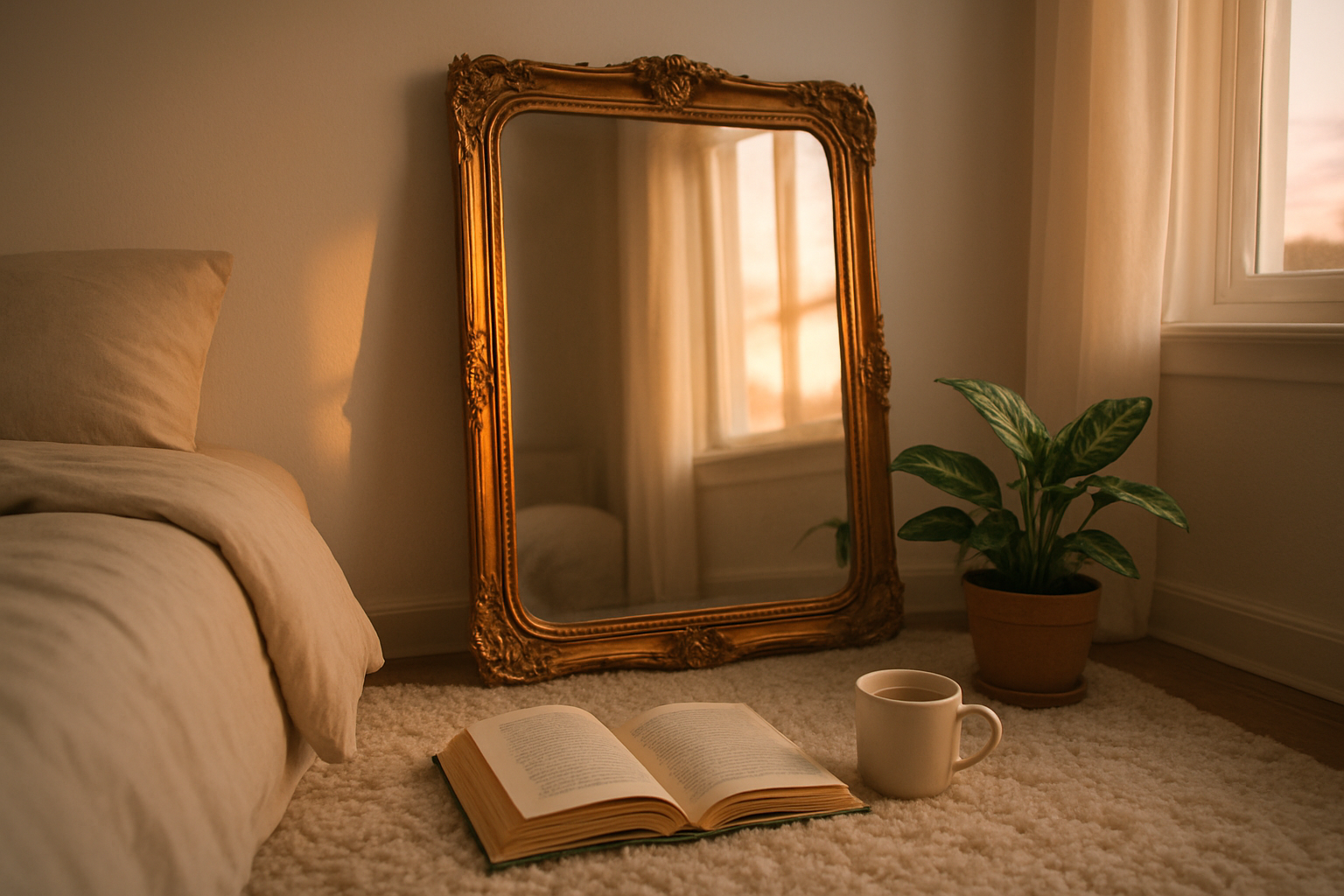 Grand miroir ancien dans une chambre lumineuse avec un livre Le Château Solitaire dans le Miroir ouvert devant, reflets dorés du coucher de soleil, ambiance cosy.