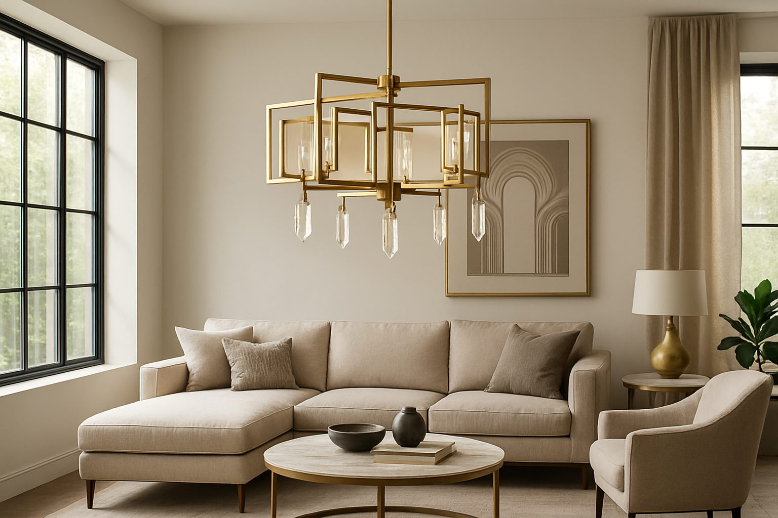 Lustre moderniste en cristal et laiton suspendu dans un salon lumineux au style chic et contemporain, avec des touches Art Déco.