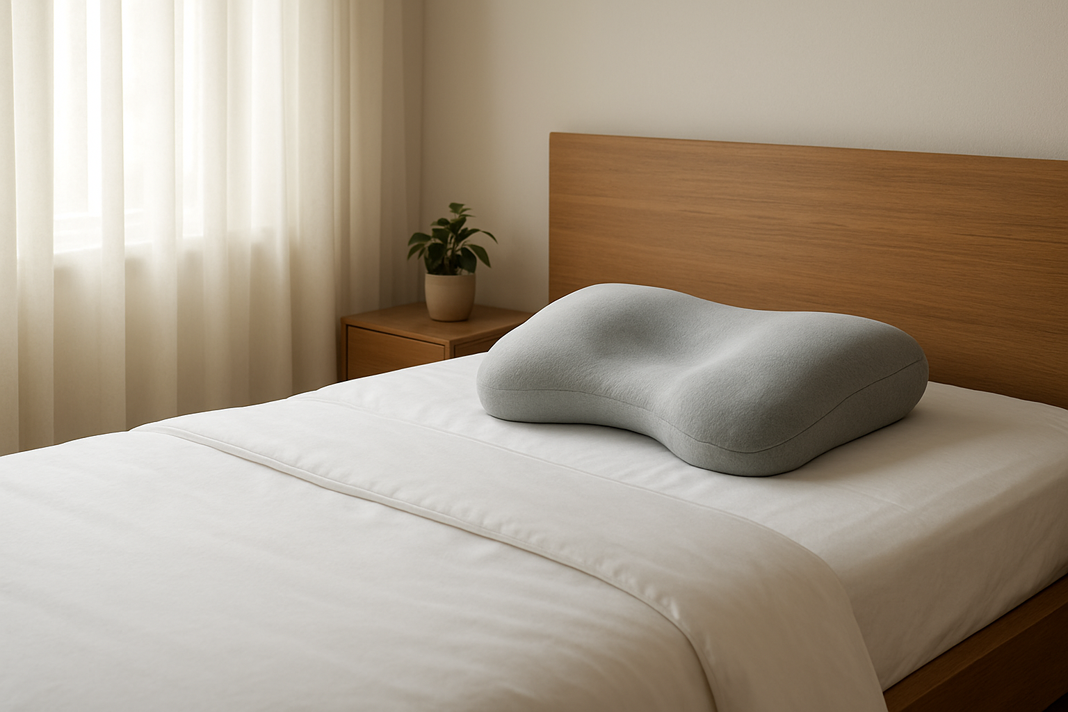 Oreiller ergonomique gris clair pour apnée du sommeil posé sur un lit en lin blanc dans une chambre lumineuse, avec lumière naturelle et plantes vertes