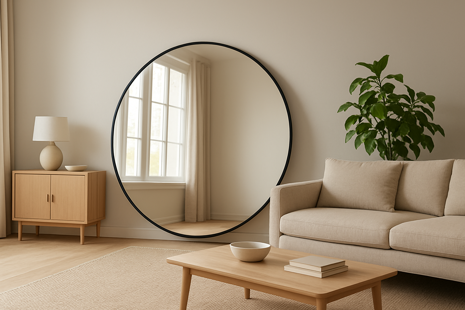 Grand miroir gujan rond à cadre noir posé au sol dans un salon lumineux de style scandinave, reflétant une fenêtre et la lumière naturelle