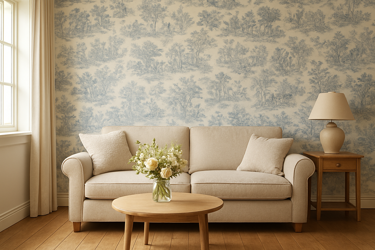 Salon lumineux avec un mur d'accent en papier peint français motif floral bleu et blanc, canapé beige et table basse en bois, lumière naturelle.