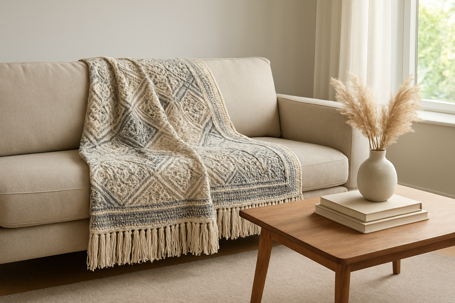 Plaid crochet moderne beige et gris drapé sur un canapé clair dans un salon lumineux, avec une table basse en bois et des herbes séchées