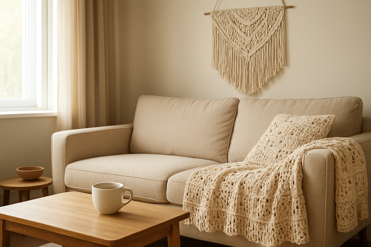 Plaid en crochet beige et crème jeté sur un canapé moelleux dans un salon lumineux, avec une tasse de thé sur une table basse en bois.